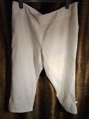 White 100% Pure Linen Cropped Pants With Bow And Zipper On Side